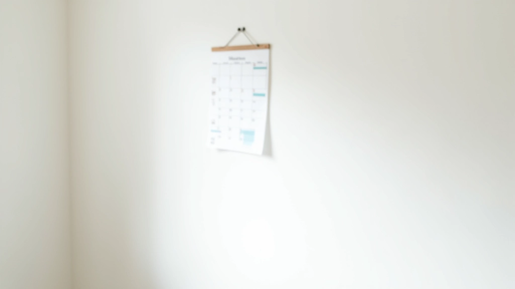 Calendrier sur mur blanc avec dates marquées, lumière naturelle douce, mise au point nette