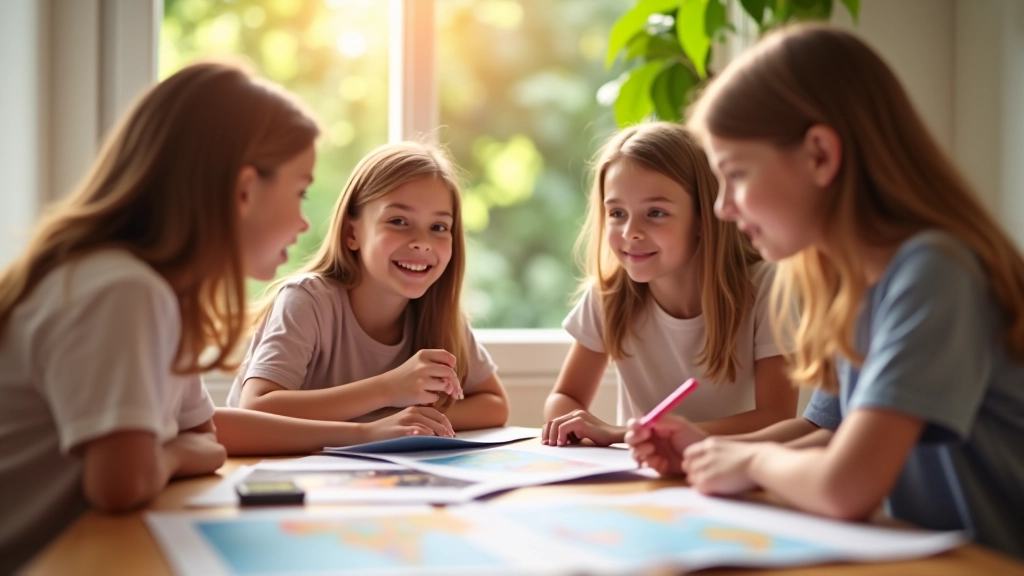 Famille discutant avec des papiers et cartes postales de destinations de vacances sur la table