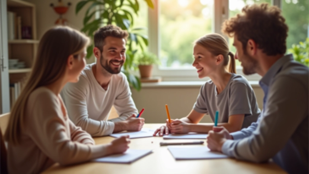 Famille assise autour d'une table avec cahier et stylos, discussion calme et positive