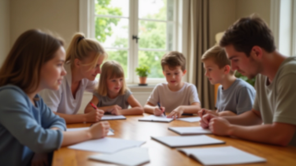 Enfants et parents autour d'une table avec des documents budgétaires, moment d'apprentissage familial