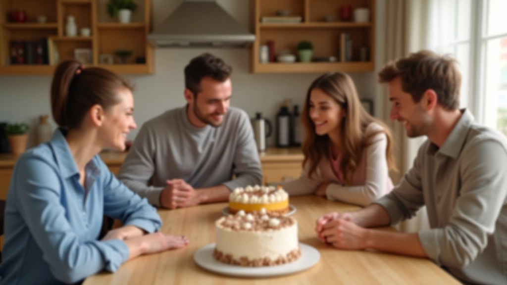 Famille partageant un gâteau maison autour d'une table, célébration simple et chaleureuse sans dépenses excessives