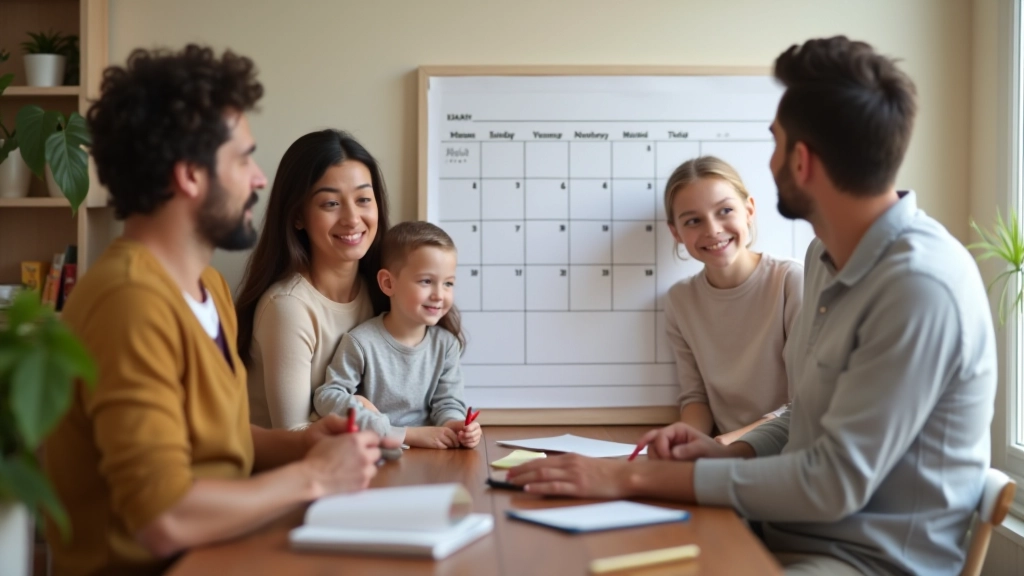 Famille notant les succès financiers sur un calendrier mural ensemble, moment d'accomplissement partagé