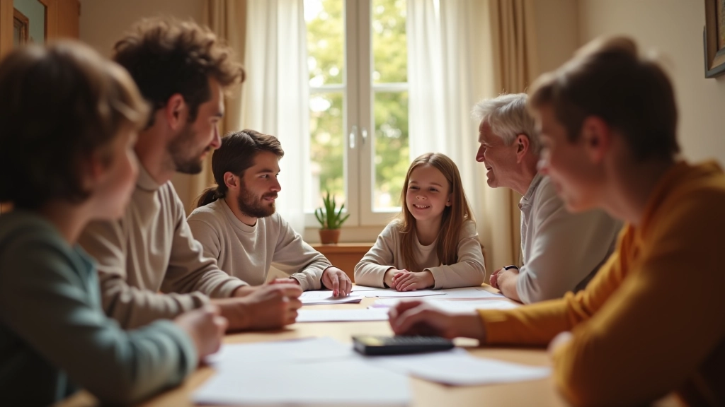 Famille réunie autour d'une table, discutant du budget familial avec transparence