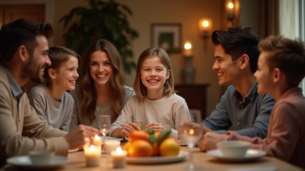 Famille célébrant ensemble autour d'une table avec sourires, moment de partage positif
