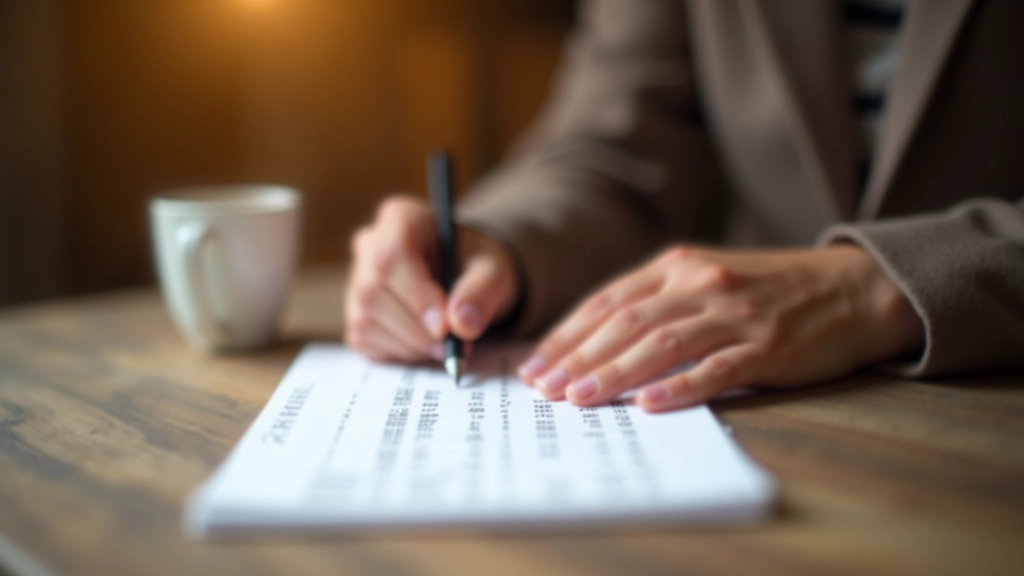 Main écrivant sur un bloc-notes avec des chiffres et listes, café à côté, ambiance de travail concentrée