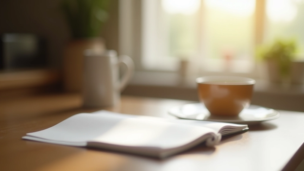 Table de cuisine avec café et cahier ouvert, stylo posé, fenêtre avec lumière naturelle douce