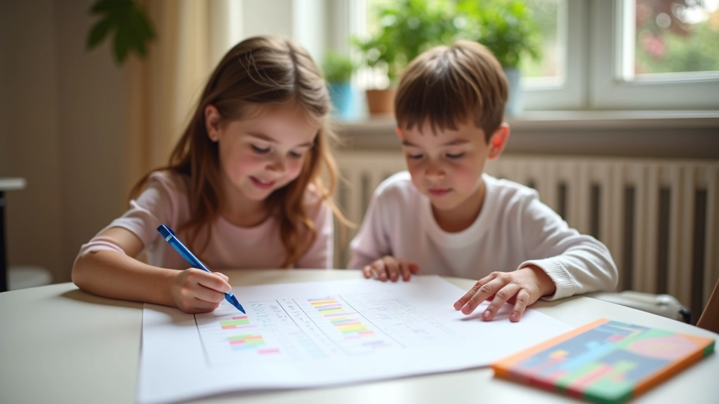 Parent et enfant créant ensemble un graphique coloré de progrès économies avec crayons et marqueurs, système de suivi ludique