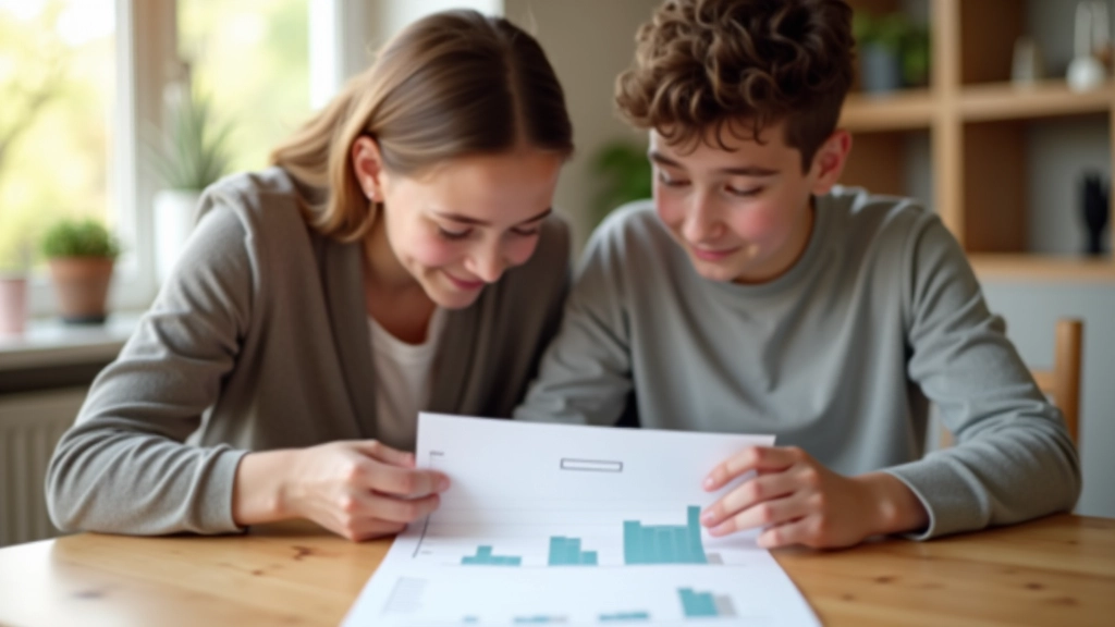 Parent et enfant examinant ensemble un graphique de réduction de dépenses avec satisfaction, progrès visible en diagramme coloré
