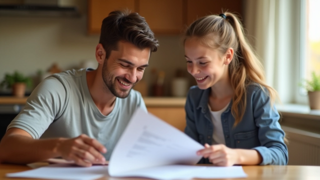 Enfants et parents examinant ensemble un document budgétaire, apprentissage collaboratif