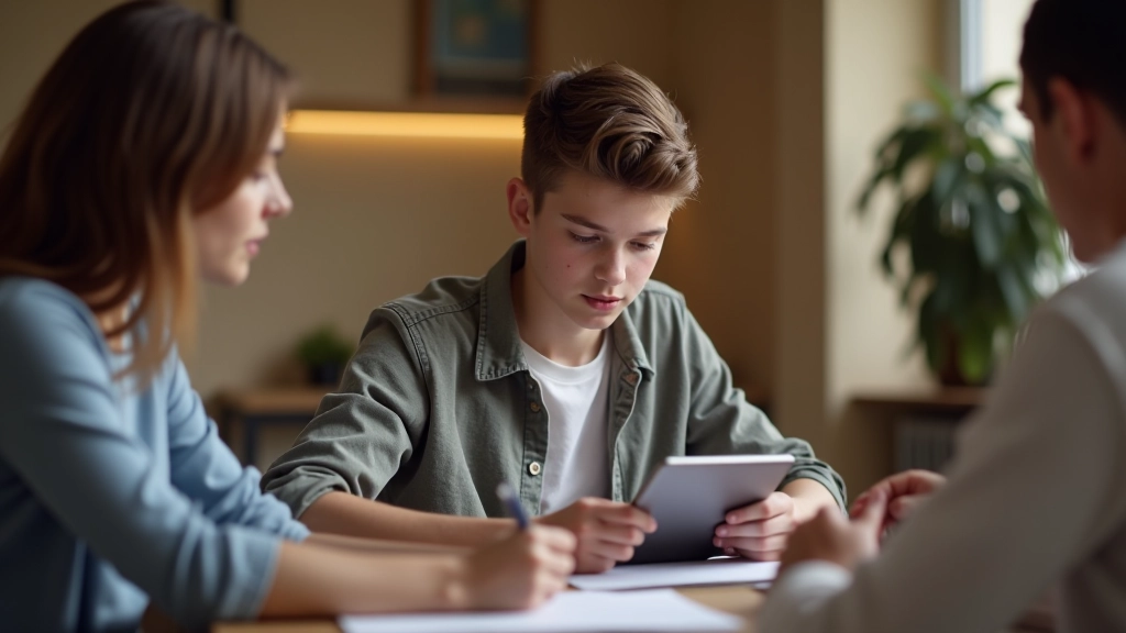 Adolescent discutant avec ses parents autour d'un tableau de budget sur tablette