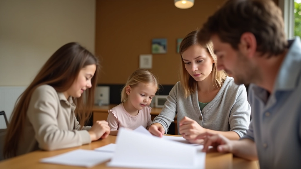 Trois générations autour d'une table avec documents, discussion engagée, intérieur moderne et chaleureux