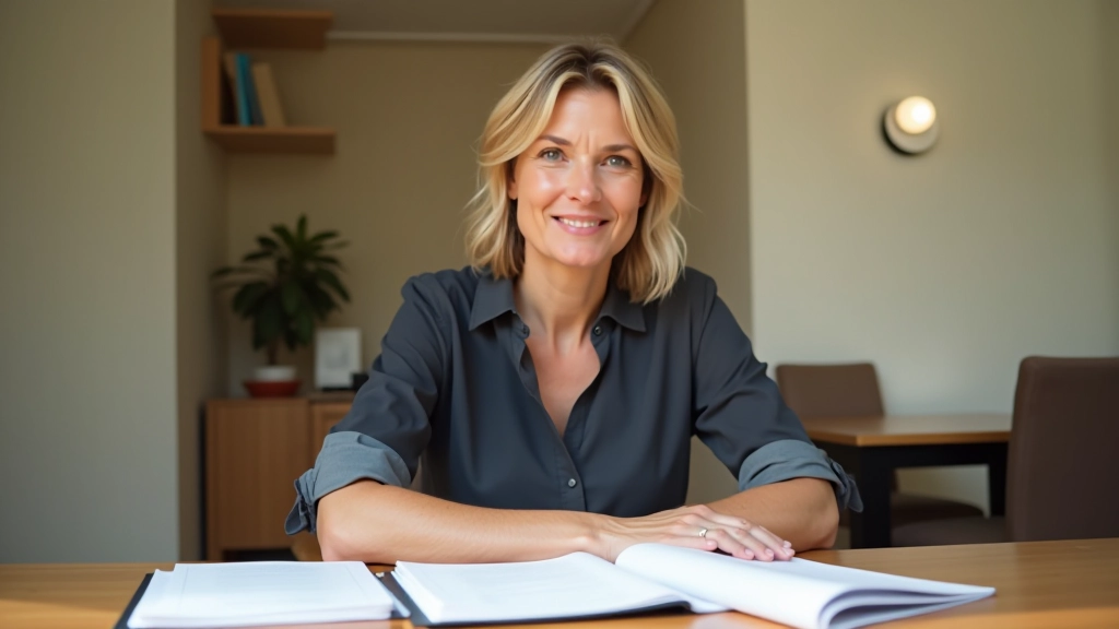 Véronique Marchand dans son espace de travail, préparant des documents pour les réunions financières familiales